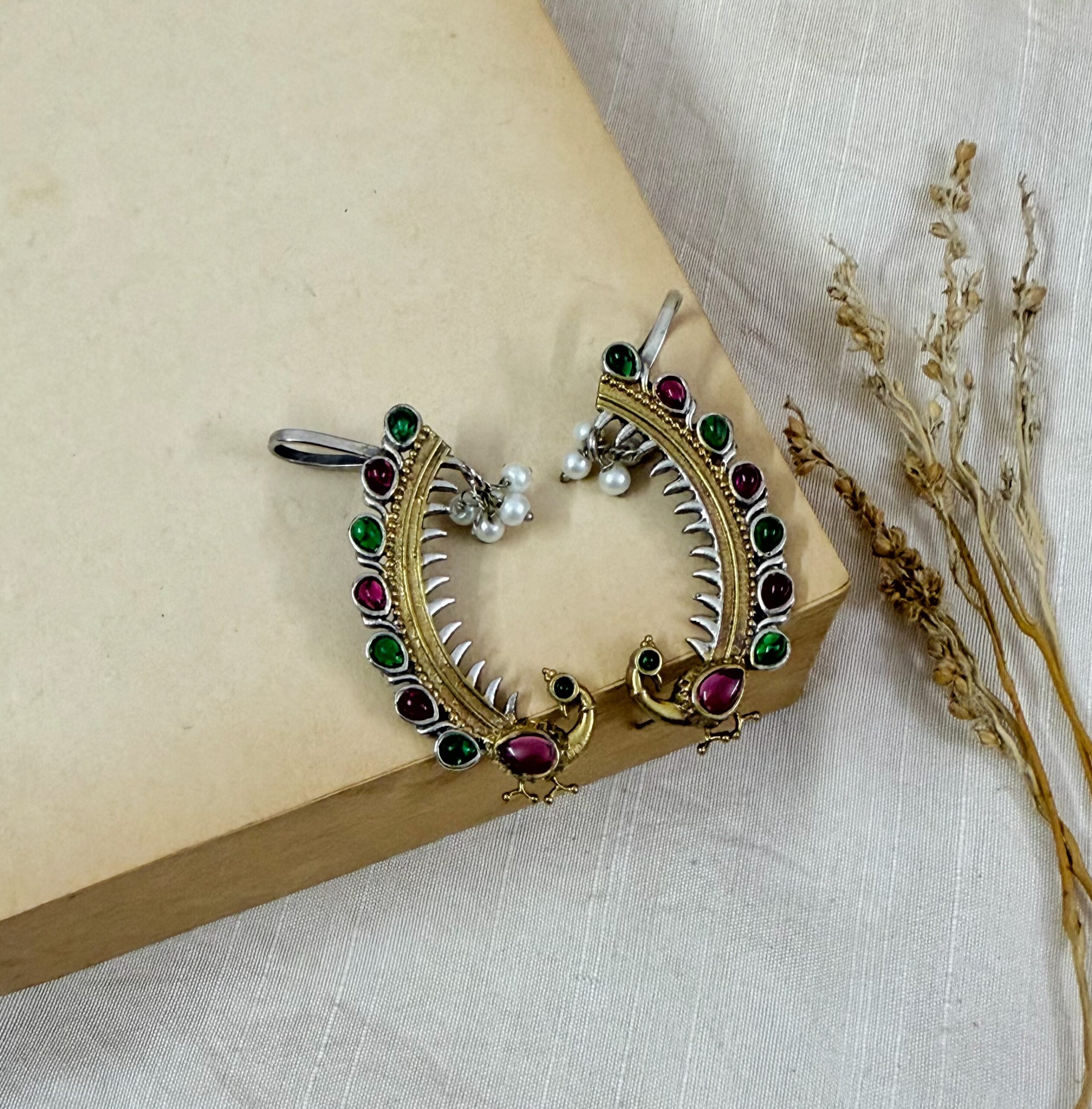 Navaratna Peacock Dual-Tone Earcuffs